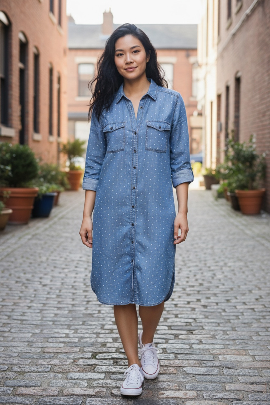 J.Jill Denim Polka-Dot Long Sleeve Button-Down Shirtdress